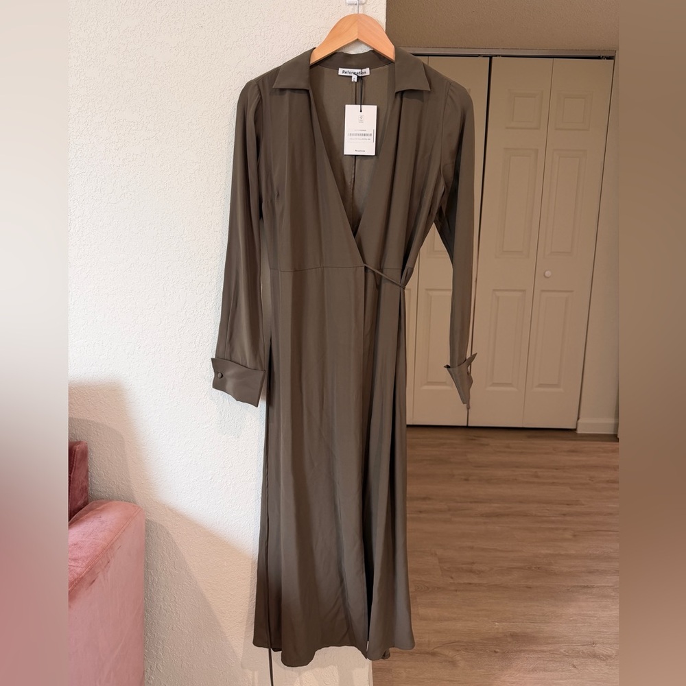 Reformation Edana Silk Collared Wrap Dress - Morel (Olive Green) (Size 0) (NWT)